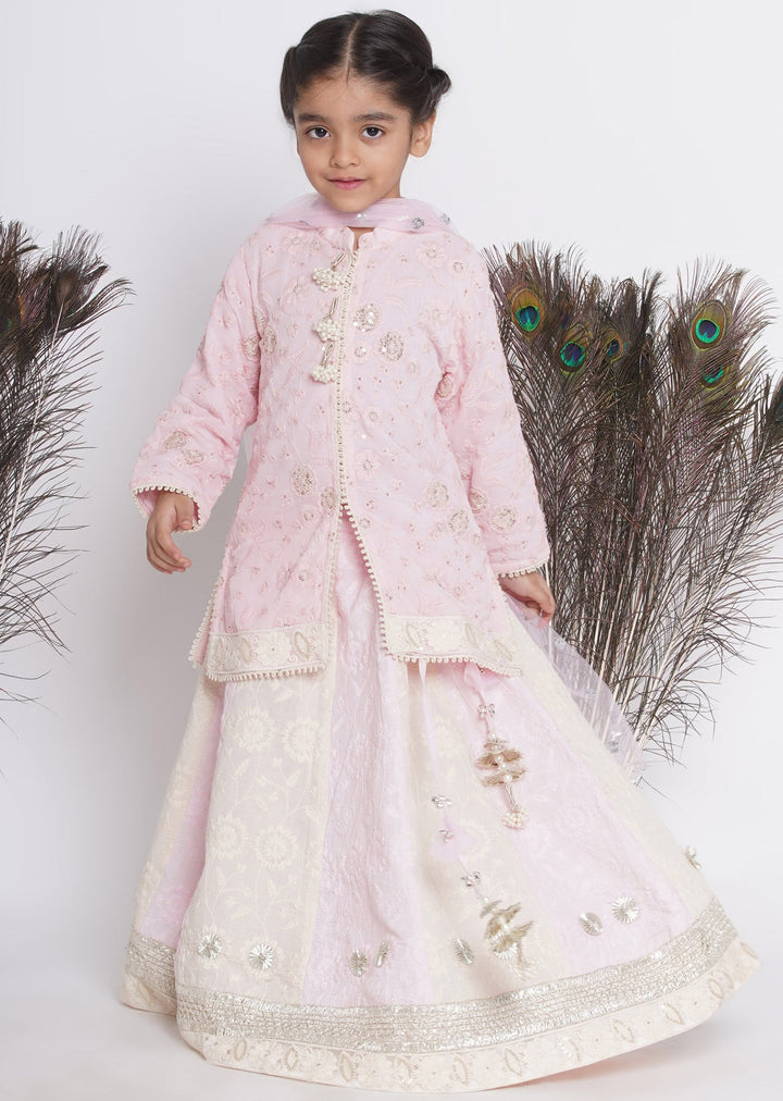 Girls Baby Pink & Cream Kali Work Lehenga with Handwork of Gota and Tussels | SHOBITAM