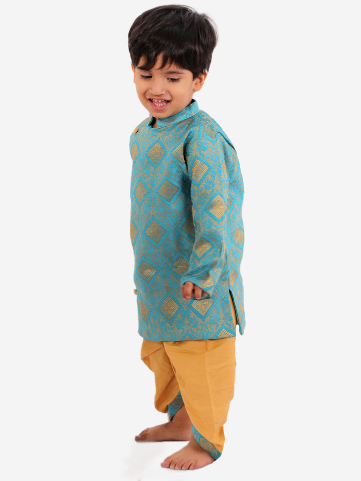Boys Banarsi Silk Blue Sherwani with Beige Dhoti | SHOBITAM