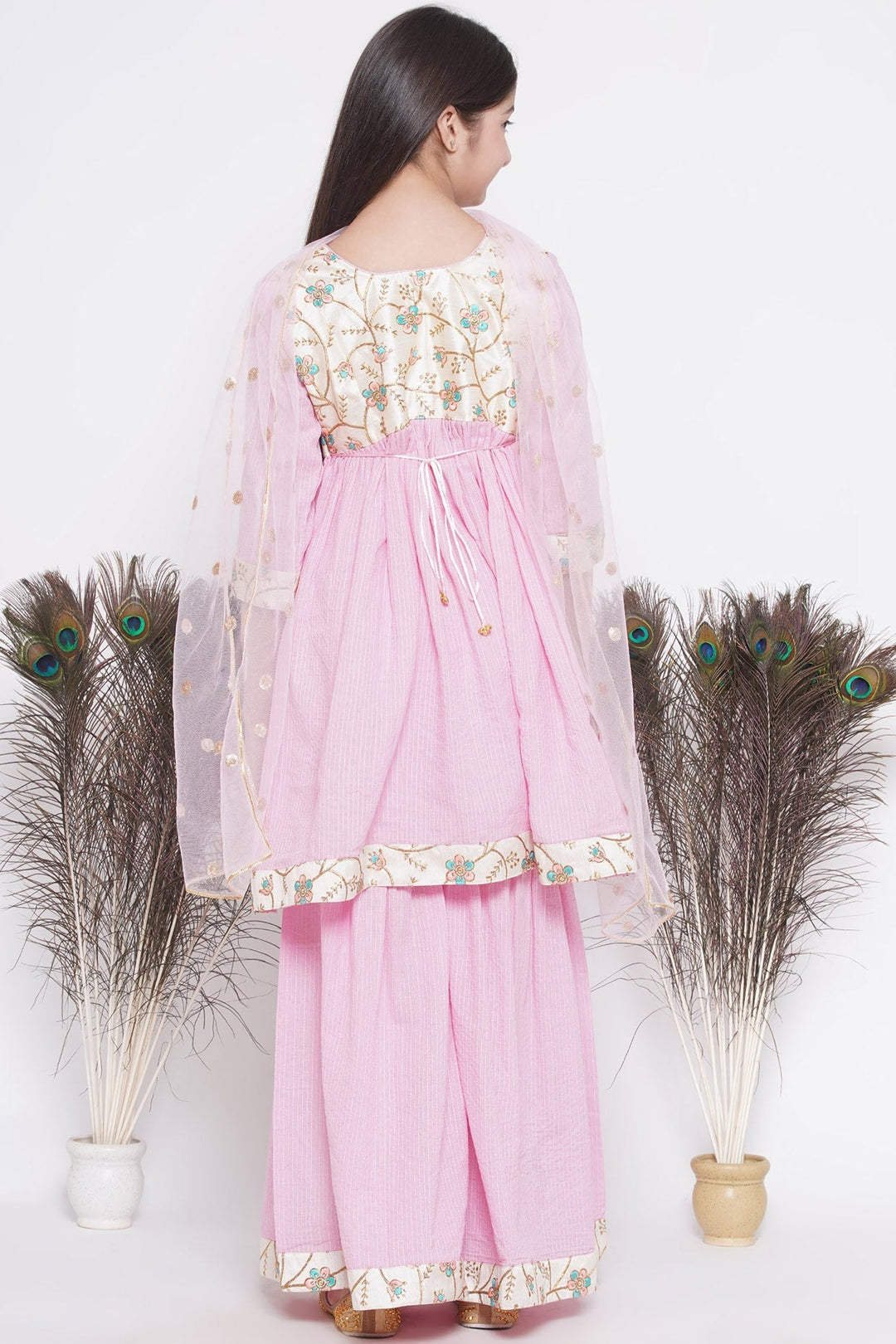 Floral Embroidery Jacket with Cotton Kantha Frock Sharara and Dupatta | SHOBITAM