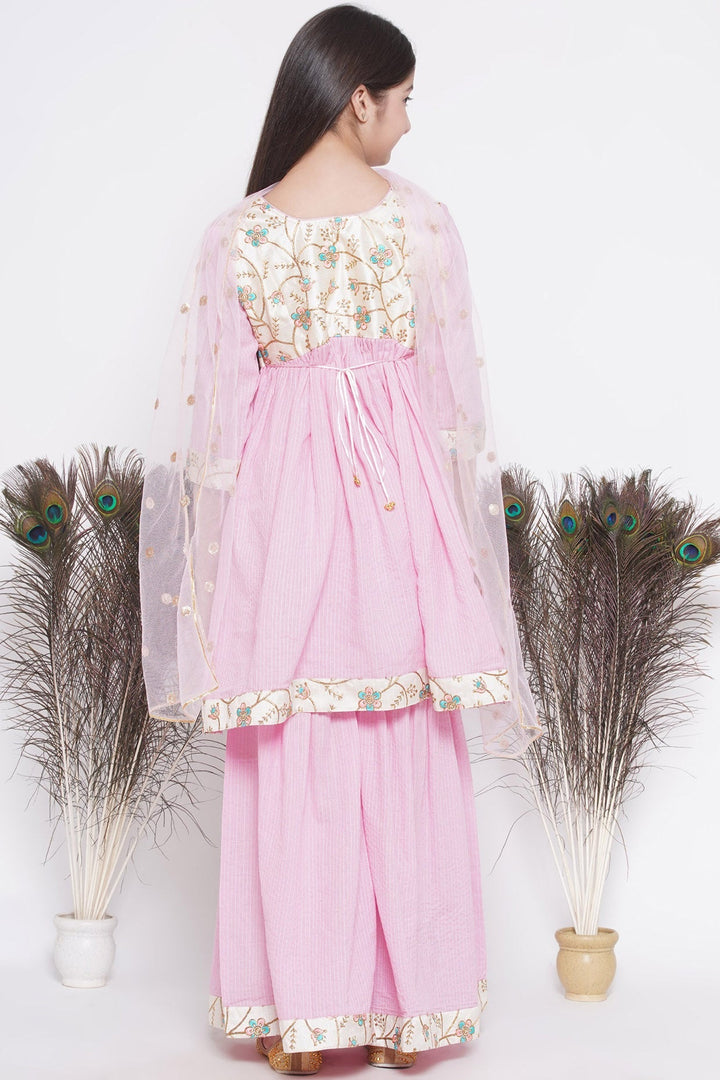 Floral Embroidery Jacket with Cotton Kantha Frock Sharara and Dupatta | SHOBITAM