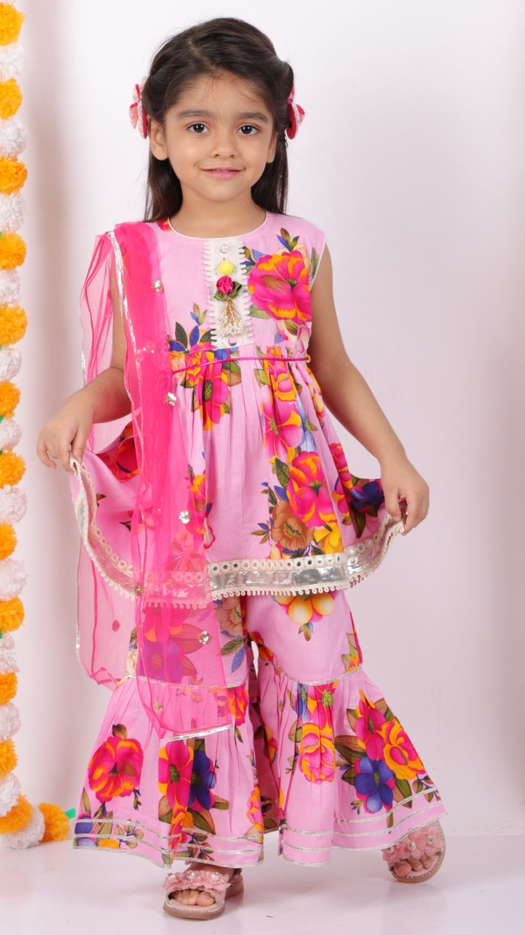 Girls Floral Frock kurta & Gotta sharara with lacework duppata in Pink | SHOBITAM