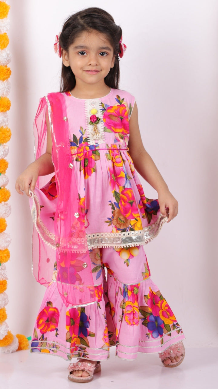 Girls Floral Frock kurta & Gotta sharara with lacework duppata in Pink | SHOBITAM