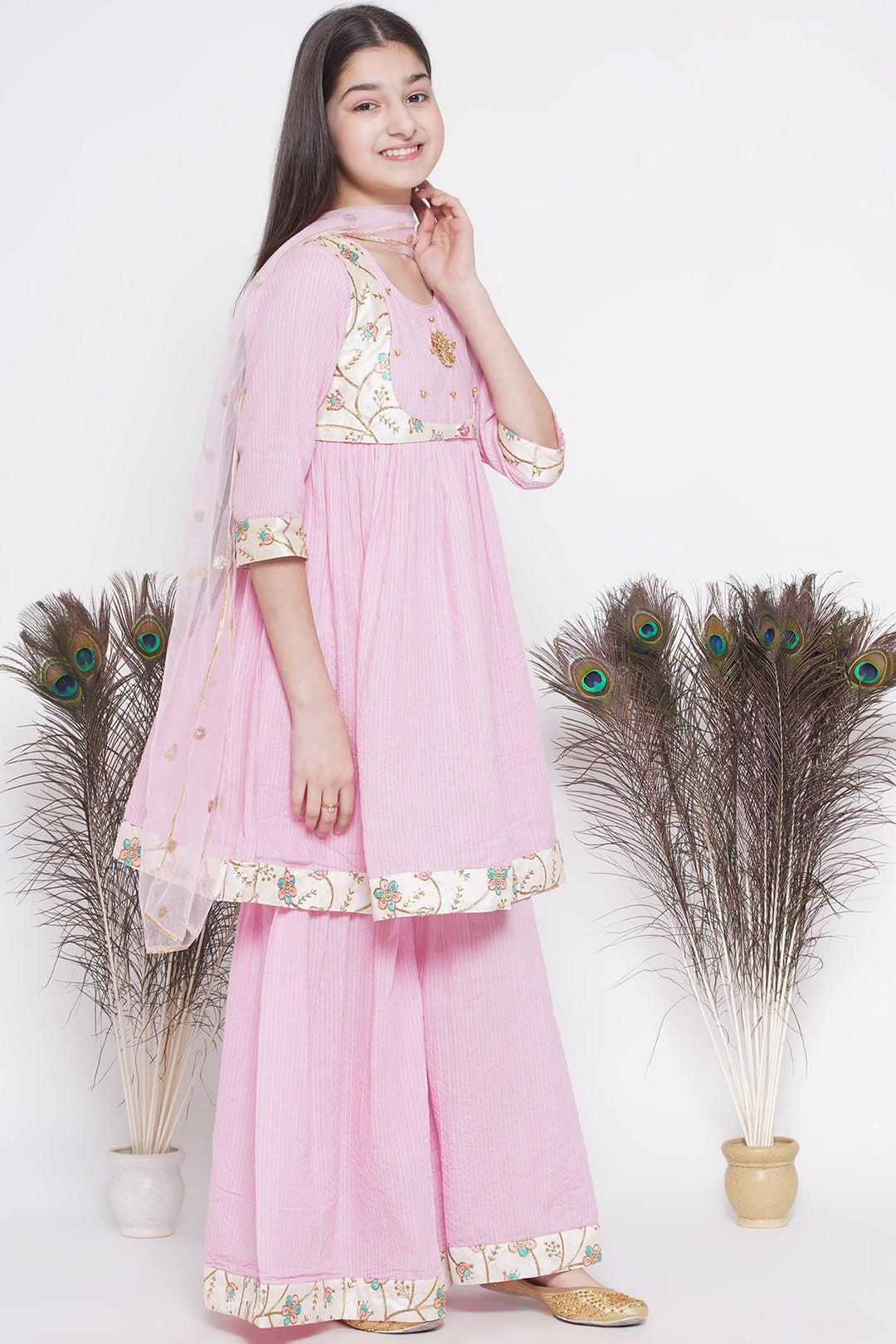 Floral Embroidery Jacket with Cotton Kantha Frock Sharara and Dupatta | SHOBITAM