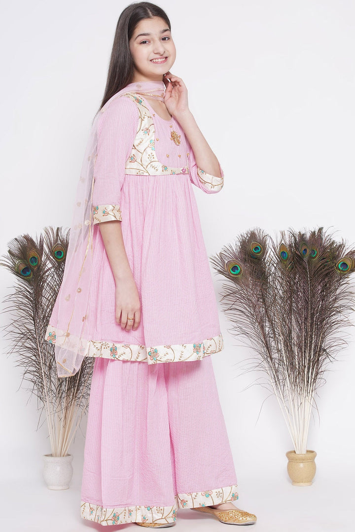 Floral Embroidery Jacket with Cotton Kantha Frock Sharara and Dupatta | SHOBITAM