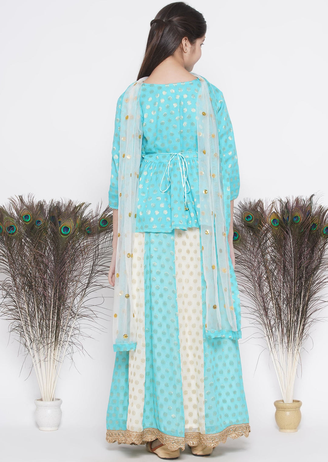 Girls Blue & Off White Kali Work Lehenga with Handmade Latkan and Dupatta | SHOBITAM