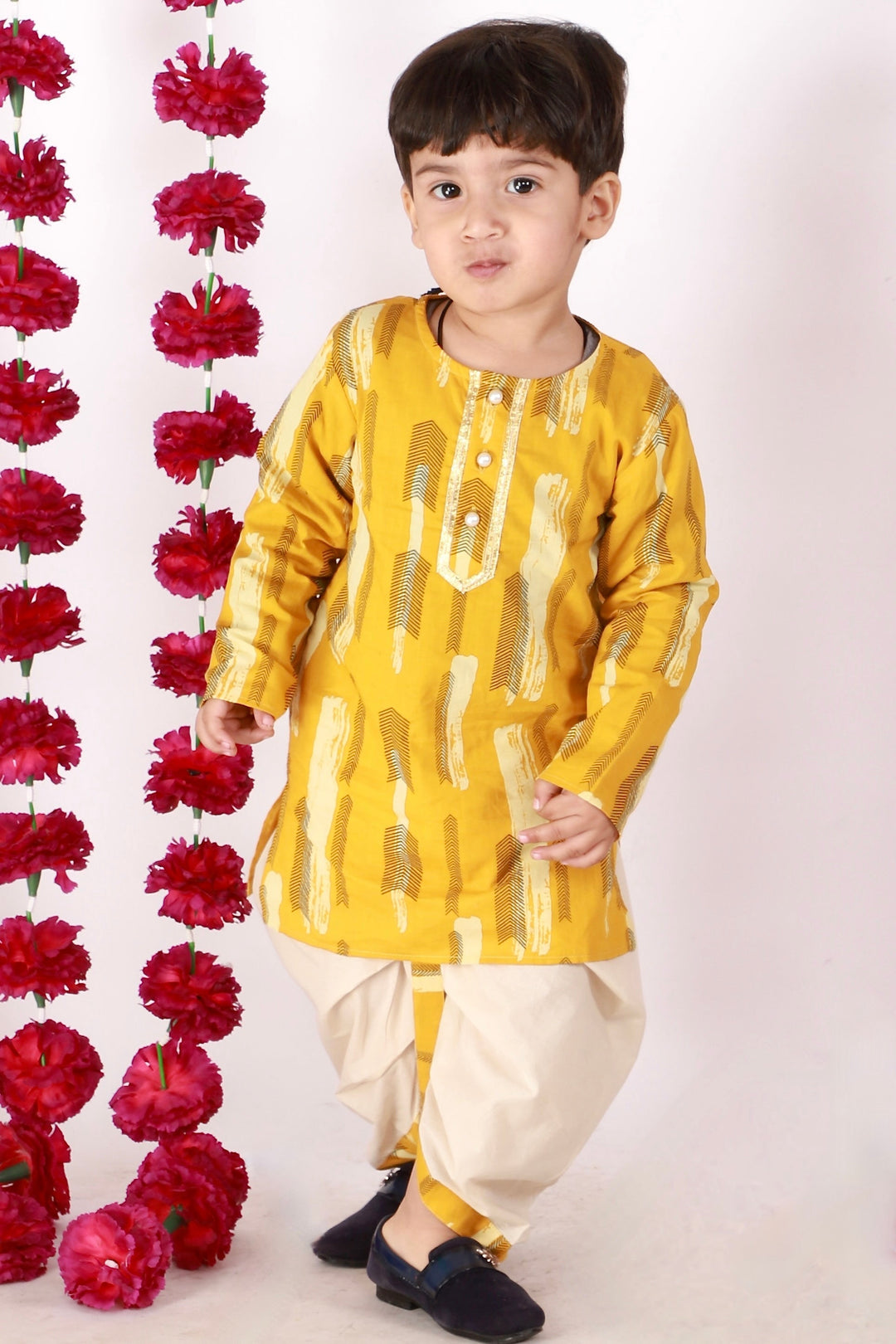 Boys Pure Cotton Ethnic Print Full Sleeves Kurta with Dhoti in Yellow & Beige | SHOBITAM