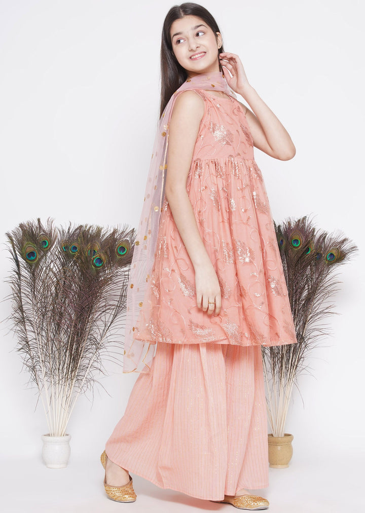 Peach Sequin work Leaf Kurta Frock with Sharara and Dupatta | SHOBITAM