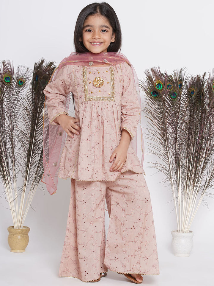 Girls Floral Shiffli Kurta with Plazzo and Dupatta  | SHOBITAM