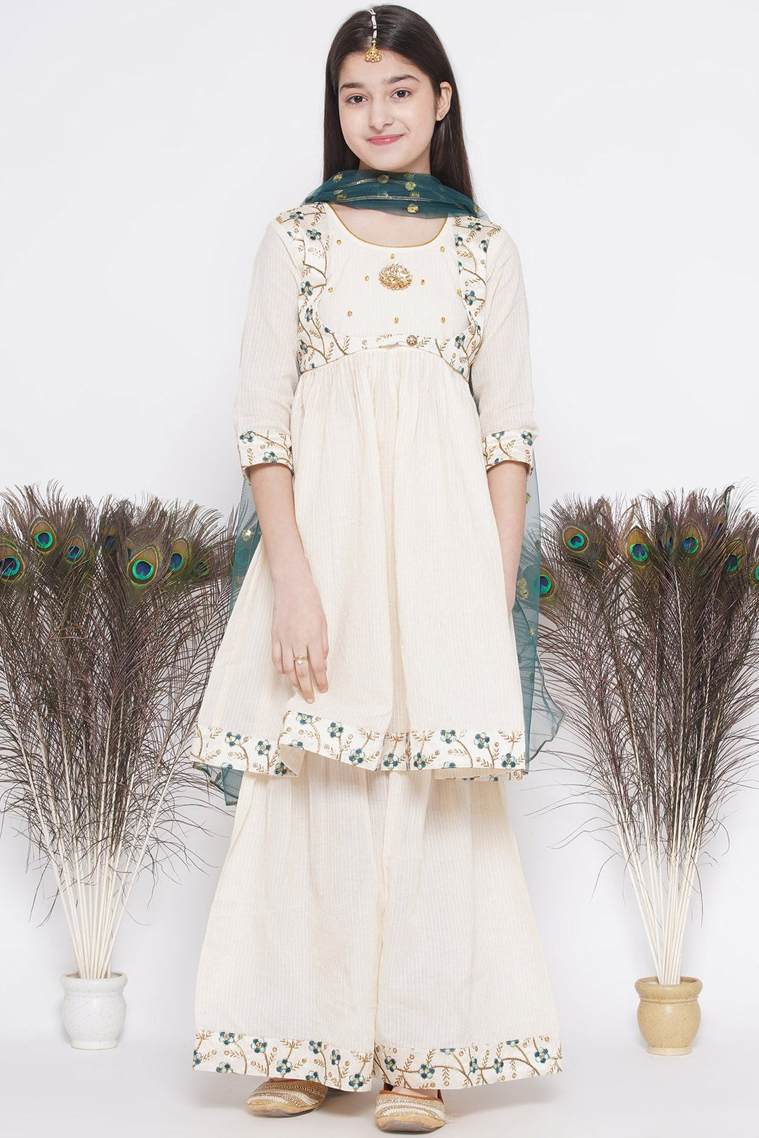 Blue Floral Embroidery Jacket with Cotton Kantha Frock Sharara and Dupatta | SHOBITAM