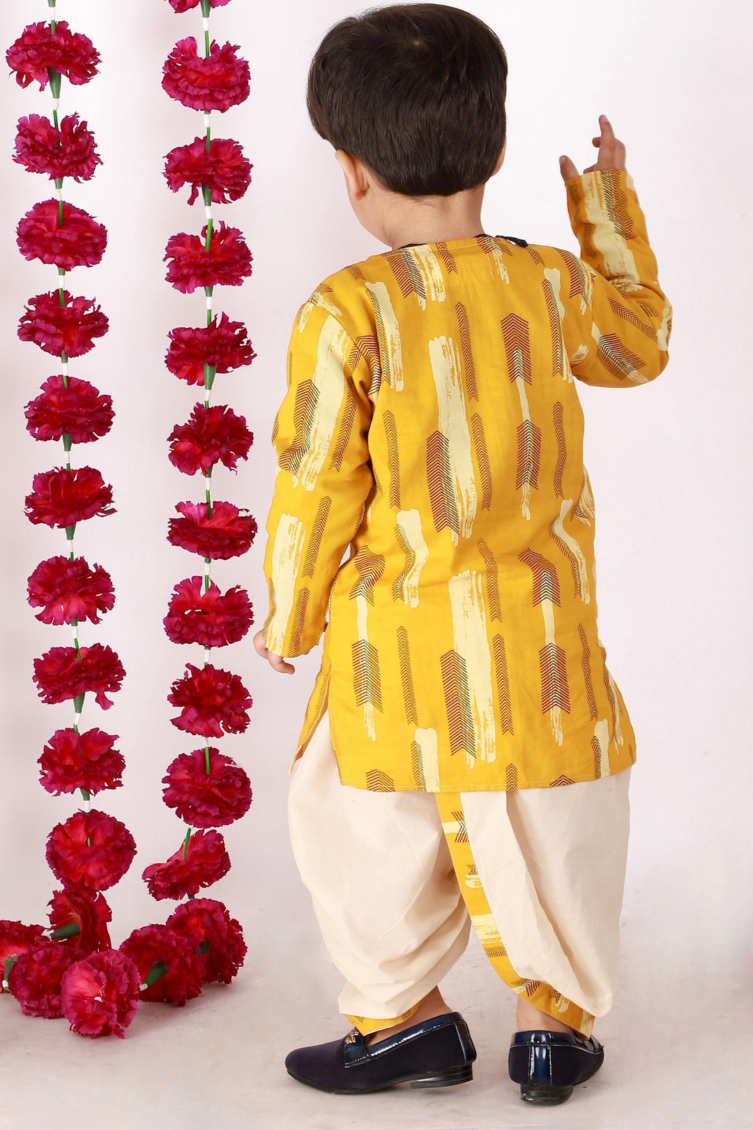 Boys Pure Cotton Ethnic Print Full Sleeves Kurta with Dhoti in Yellow & Beige | SHOBITAM