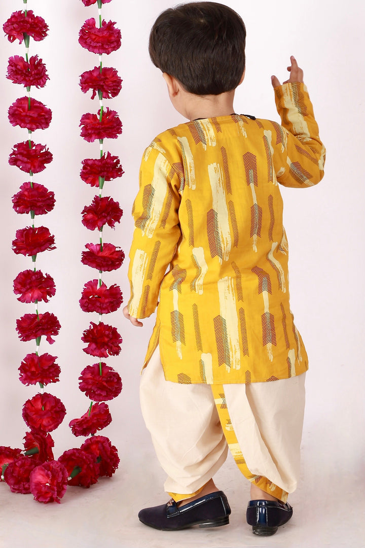 Boys Pure Cotton Ethnic Print Full Sleeves Kurta with Dhoti in Yellow & Beige | SHOBITAM
