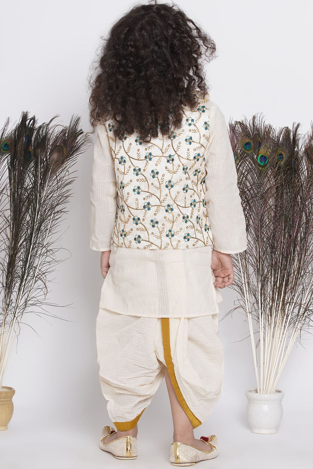 Boys Silk Blue Floral Embroidery Jacket with Cotton Kantha kurta and Kantha Dhoti | SHOBITAM