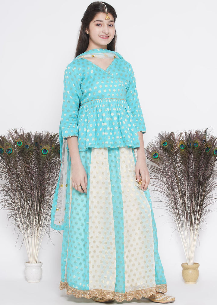 Girls Blue & Off White Kali Work Lehenga with Handmade Latkan and Dupatta | SHOBITAM