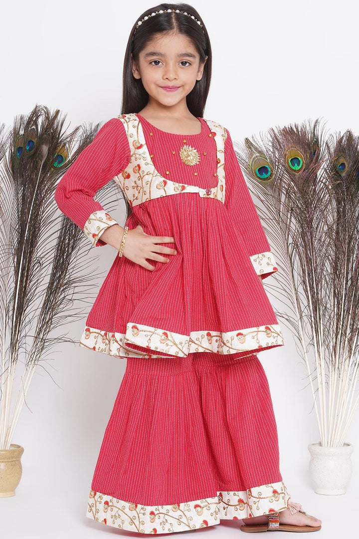 Floral Embroidery Jacket with Cotton Kantha Frock Sharara and Dupatta in Red | SHOBITAM
