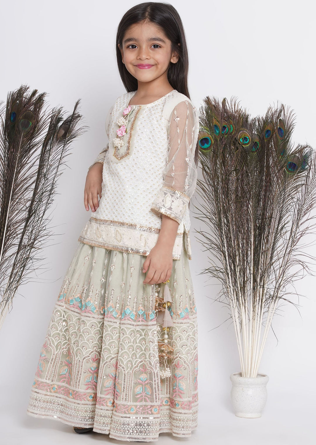 Floral Work Green Lehenga with Floral Embroidery Kurta and Dupatta | SHOBITAM