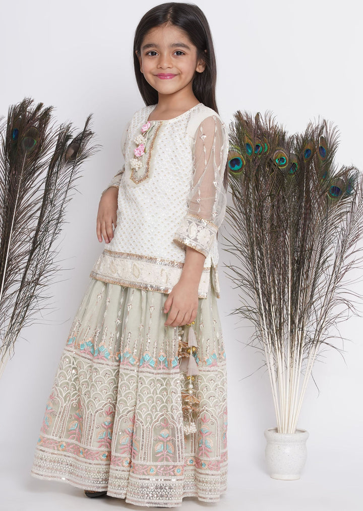 Floral Work Green Lehenga with Floral Embroidery Kurta and Dupatta | SHOBITAM
