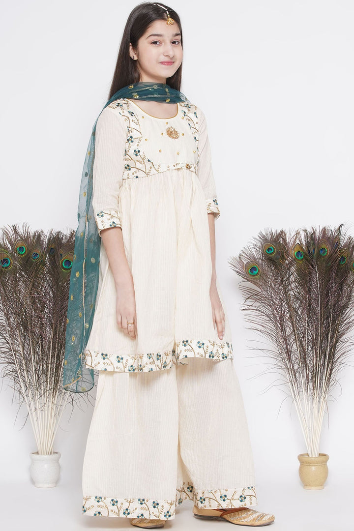 Blue Floral Embroidery Jacket with Cotton Kantha Frock Sharara and Dupatta | SHOBITAM