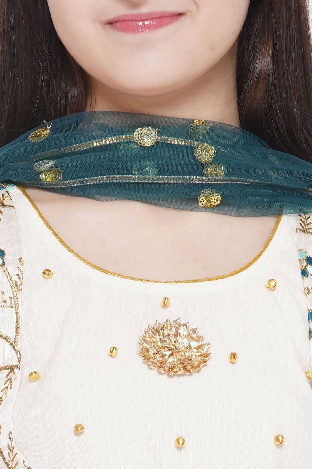Blue Floral Embroidery Jacket with Cotton Kantha Frock Sharara and Dupatta | SHOBITAM