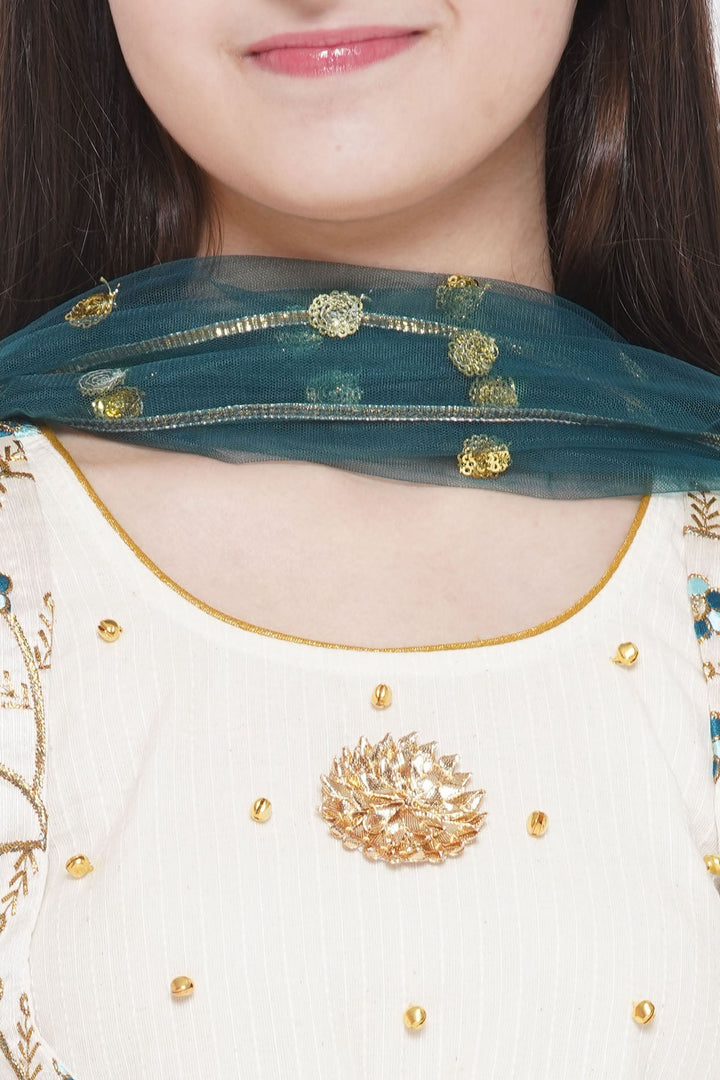 Blue Floral Embroidery Jacket with Cotton Kantha Frock Sharara and Dupatta | SHOBITAM