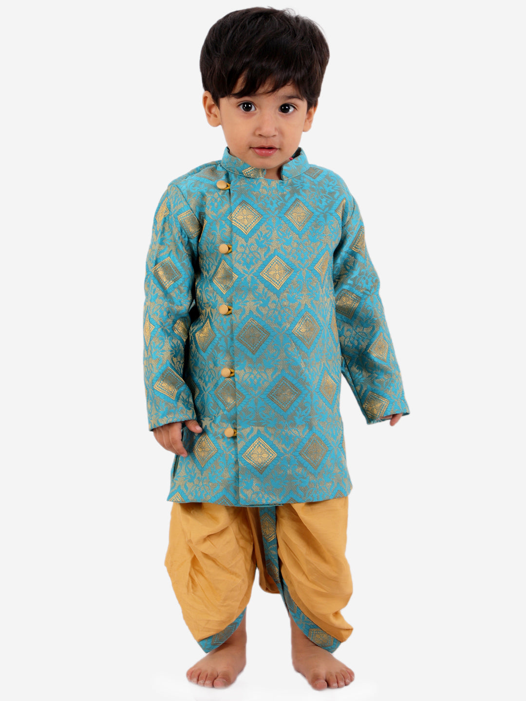 Boys Banarsi Silk Blue Sherwani with Beige Dhoti | SHOBITAM