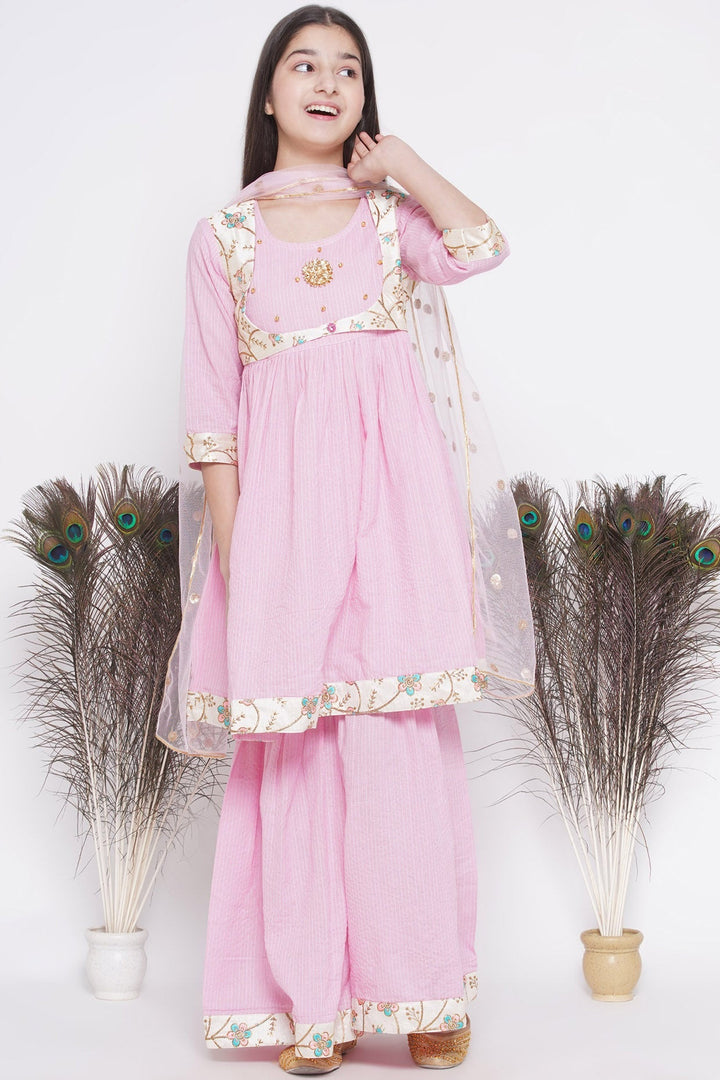 Floral Embroidery Jacket with Cotton Kantha Frock Sharara and Dupatta | SHOBITAM
