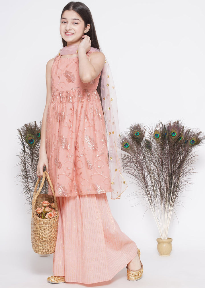 Peach Sequin work Leaf Kurta Frock with Sharara and Dupatta | SHOBITAM