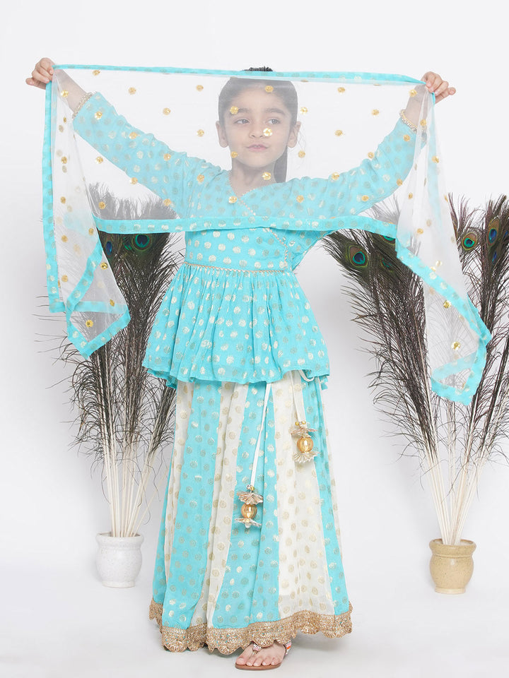Girls Blue & Off White Kali Work Lehenga with Handmade Latkan and Dupatta | SHOBITAM
