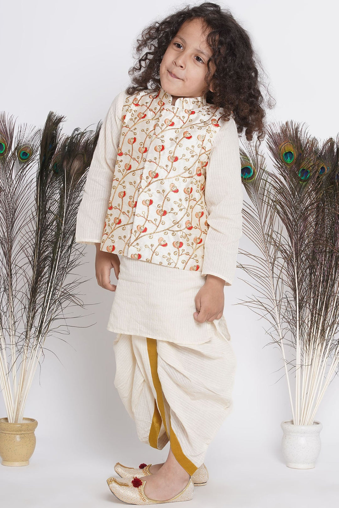 Banarsi Red Tulip Embroidery Jacket with Cotton Kantha kurta and Kantha Dhoti | SHOBITAM