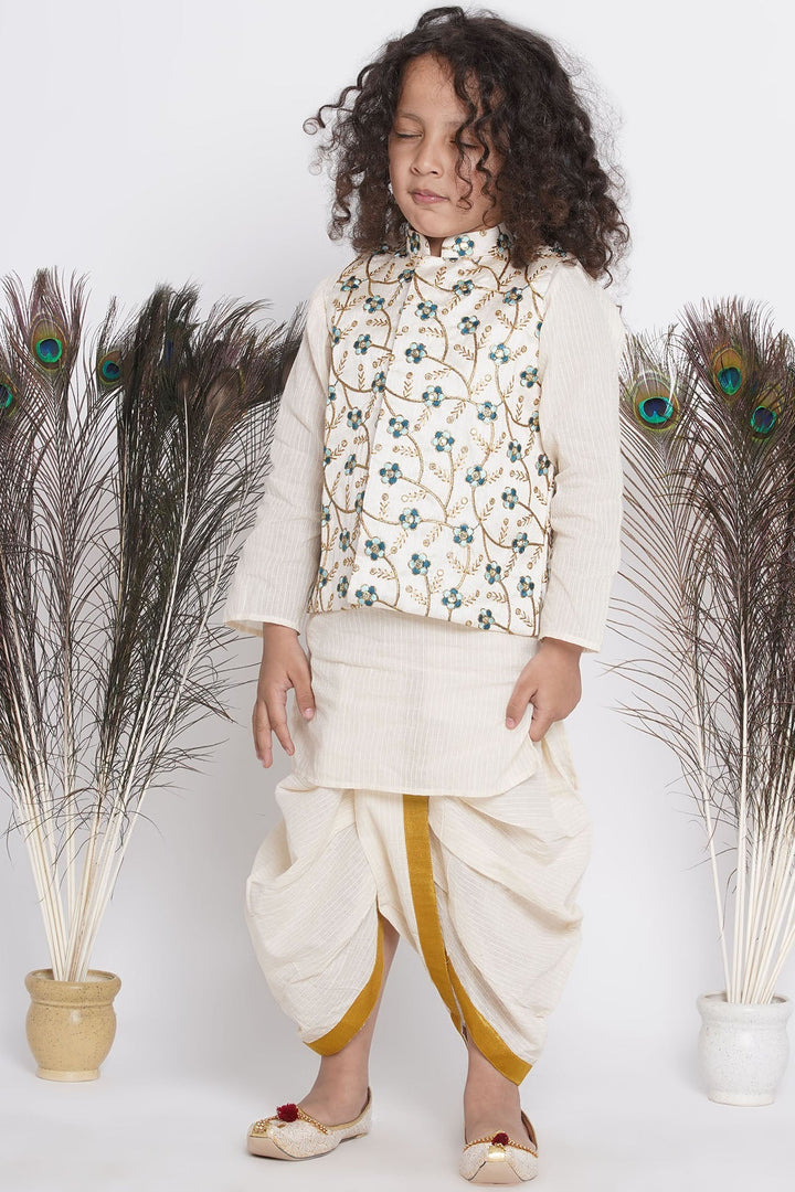 Boys Silk Blue Floral Embroidery Jacket with Cotton Kantha kurta and Kantha Dhoti | SHOBITAM