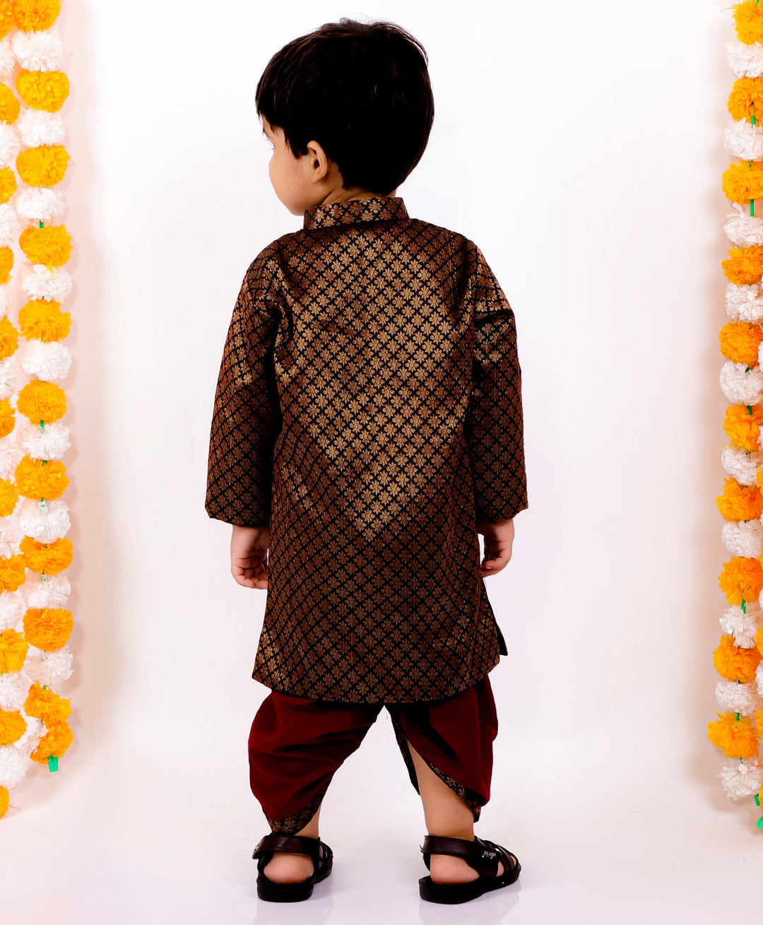 Boys Banarsi Silk Black Sherwani with Maroon Dhoti | SHOBITAM