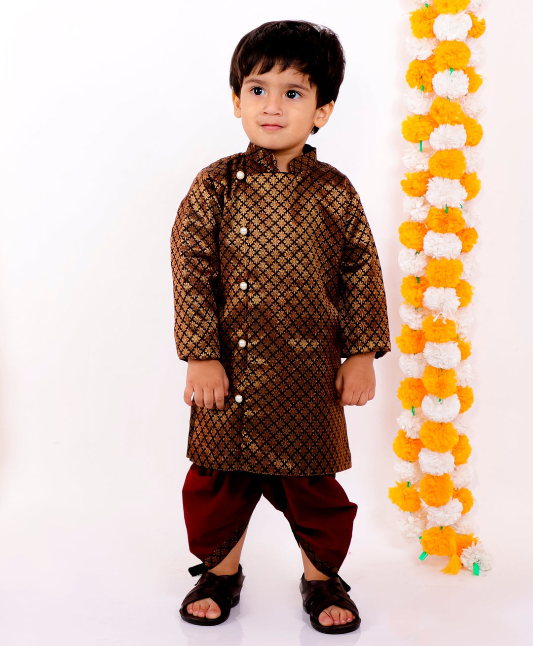 Boys Banarsi Silk Black Sherwani with Maroon Dhoti | SHOBITAM