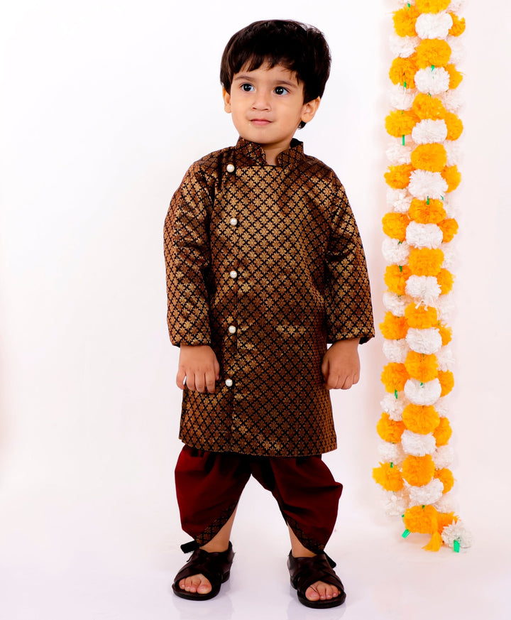 Boys Banarsi Silk Black Sherwani with Maroon Dhoti | SHOBITAM