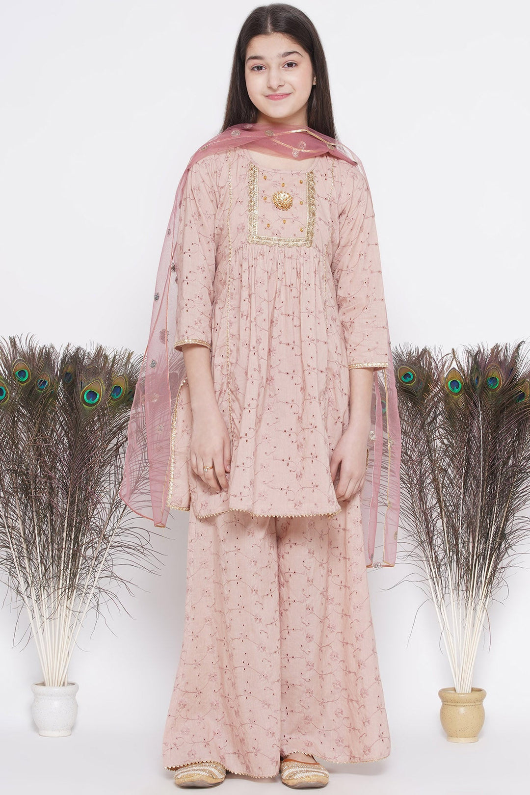 Girls Floral Shiffli Kurta with Plazzo and Dupatta  | SHOBITAM