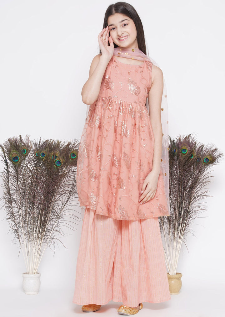 Peach Sequin work Leaf Kurta Frock with Sharara and Dupatta | SHOBITAM