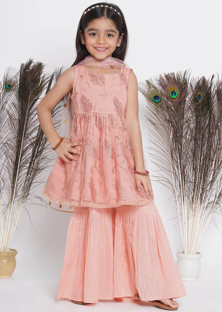 Peach Sequin work Leaf Kurta Frock with Sharara and Dupatta | SHOBITAM