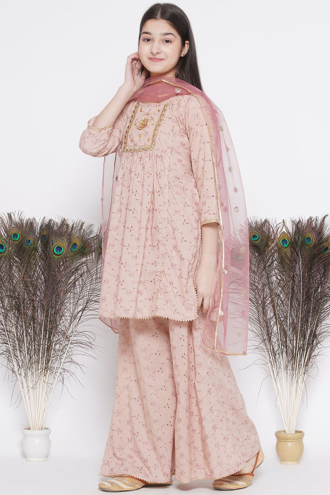 Girls Floral Shiffli Kurta with Plazzo and Dupatta  | SHOBITAM