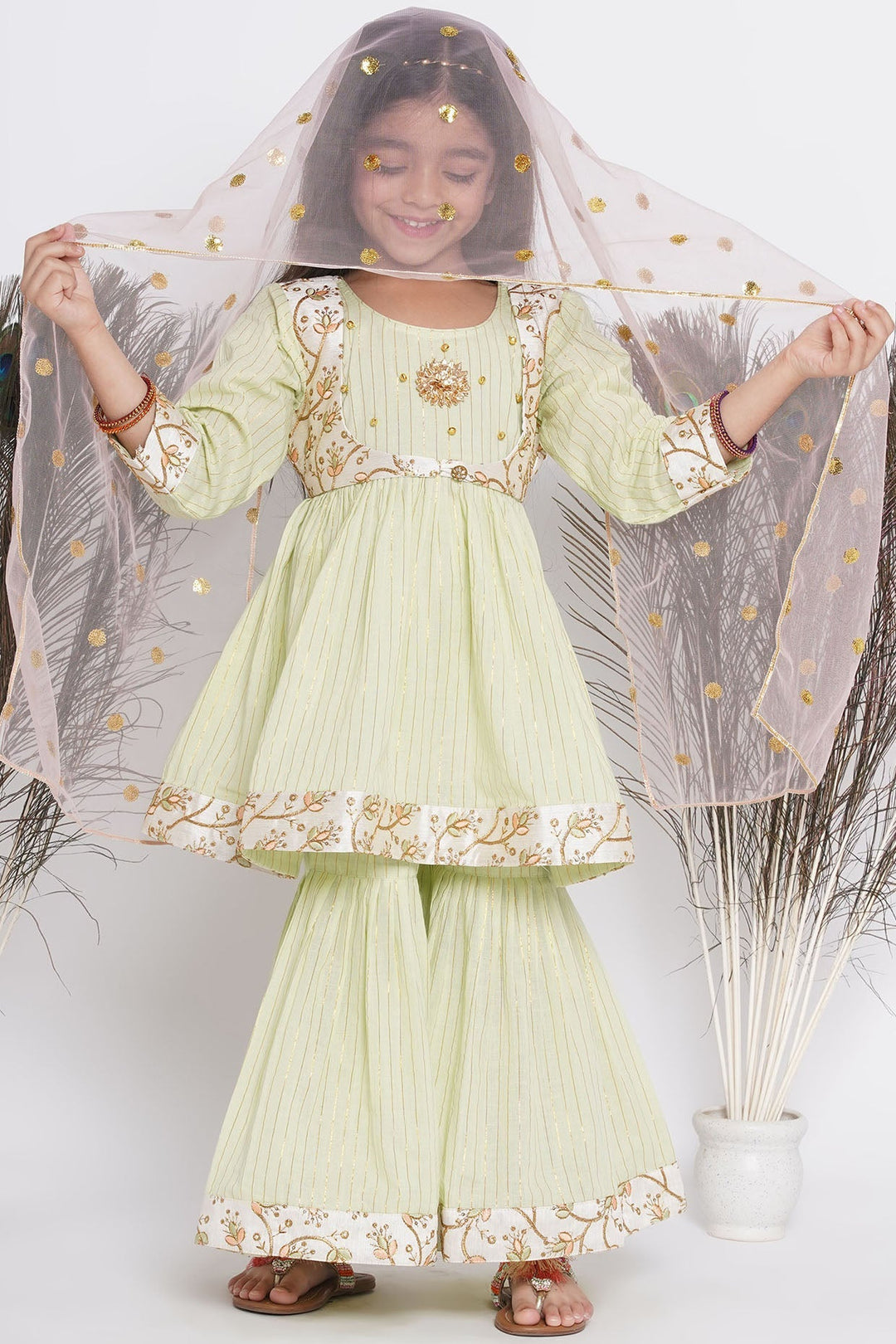 Floral Embroidery Jacket with Cotton Lurex Frock Sharara and Dupatta | SHOBITAM