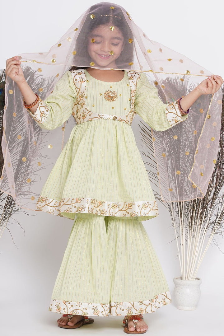 Floral Embroidery Jacket with Cotton Lurex Frock Sharara and Dupatta | SHOBITAM