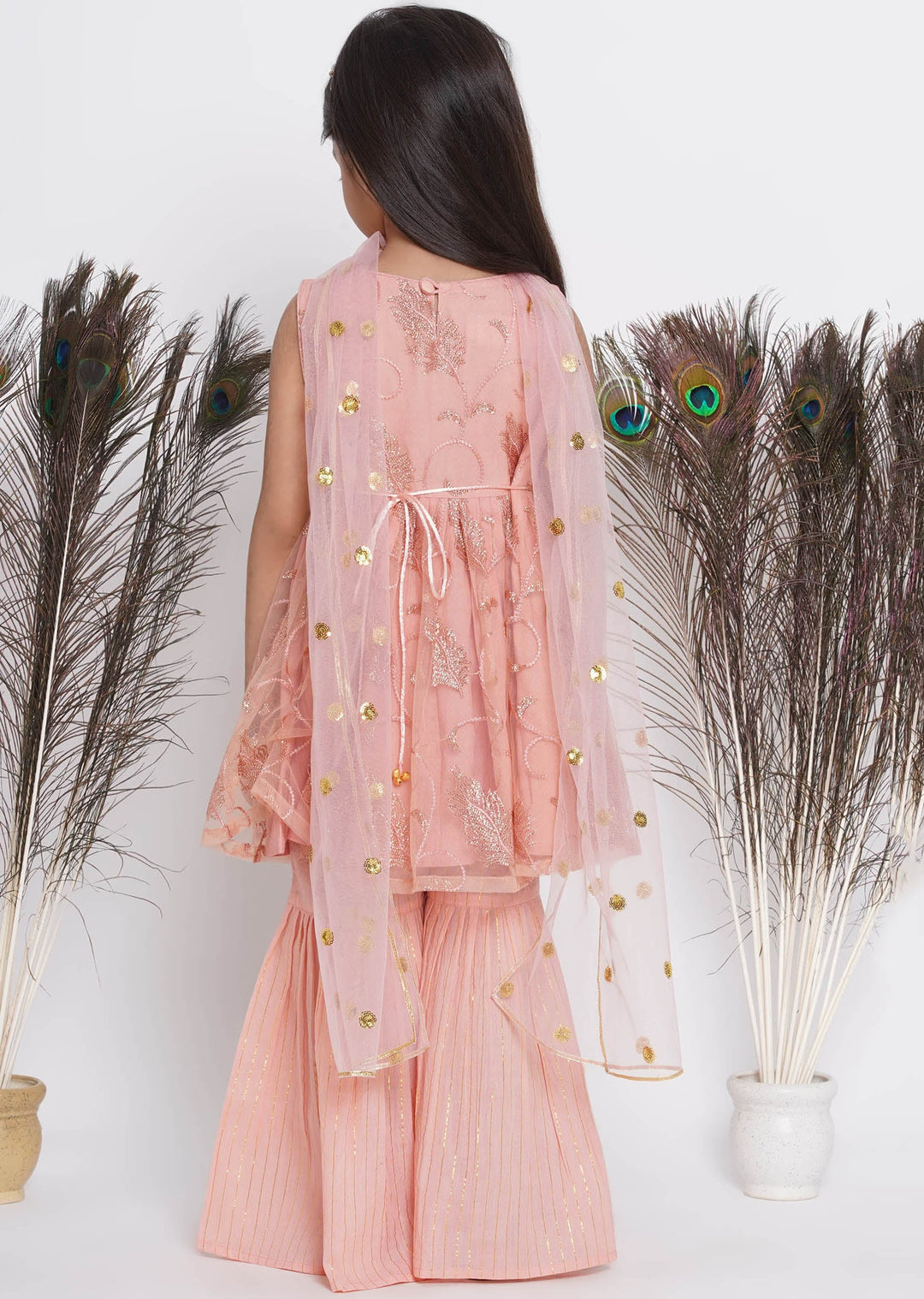 Peach Sequin work Leaf Kurta Frock with Sharara and Dupatta | SHOBITAM