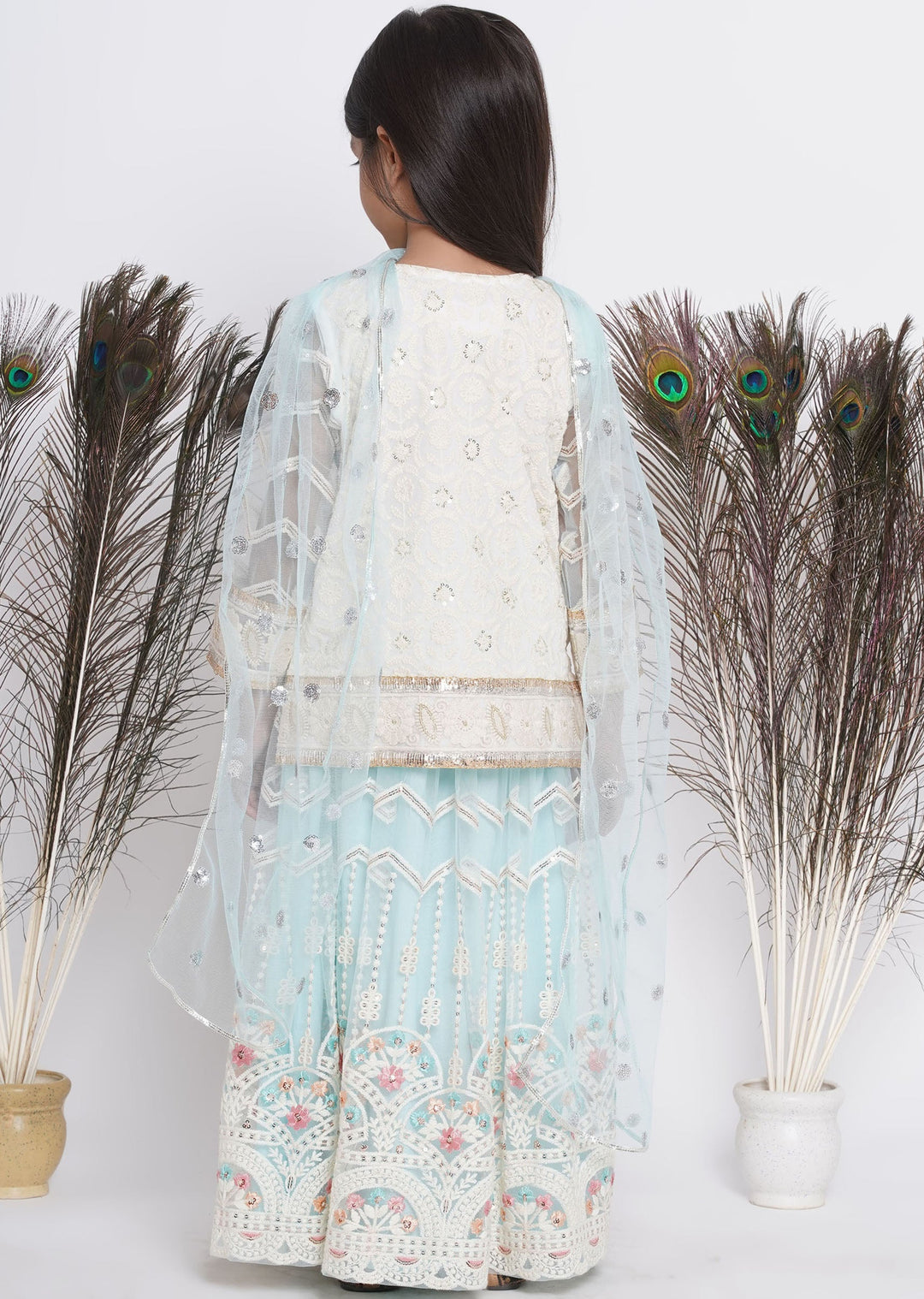 Floral Work Cloudy Blue Lehenga with Floral Embroidery Kurta and Dupatta | SHOBITAM