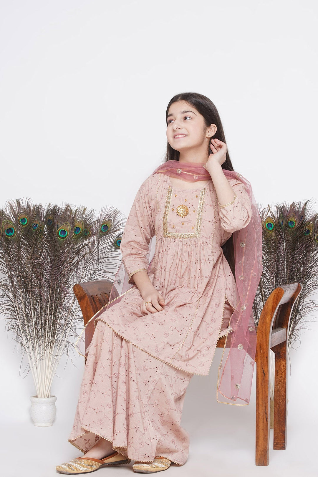 Girls Floral Shiffli Kurta with Plazzo and Dupatta  | SHOBITAM