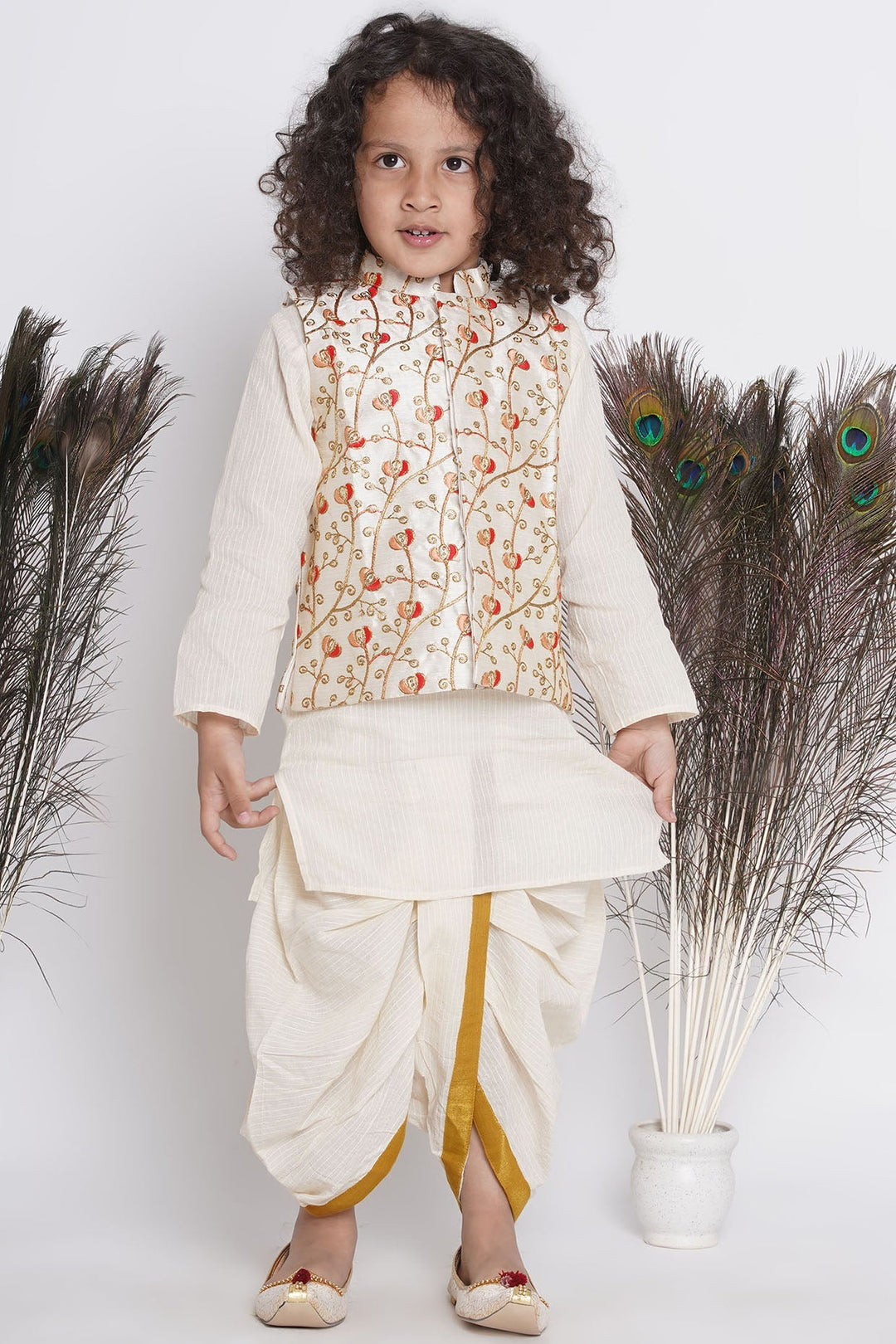 Banarsi Red Tulip Embroidery Jacket with Cotton Kantha kurta and Kantha Dhoti | SHOBITAM