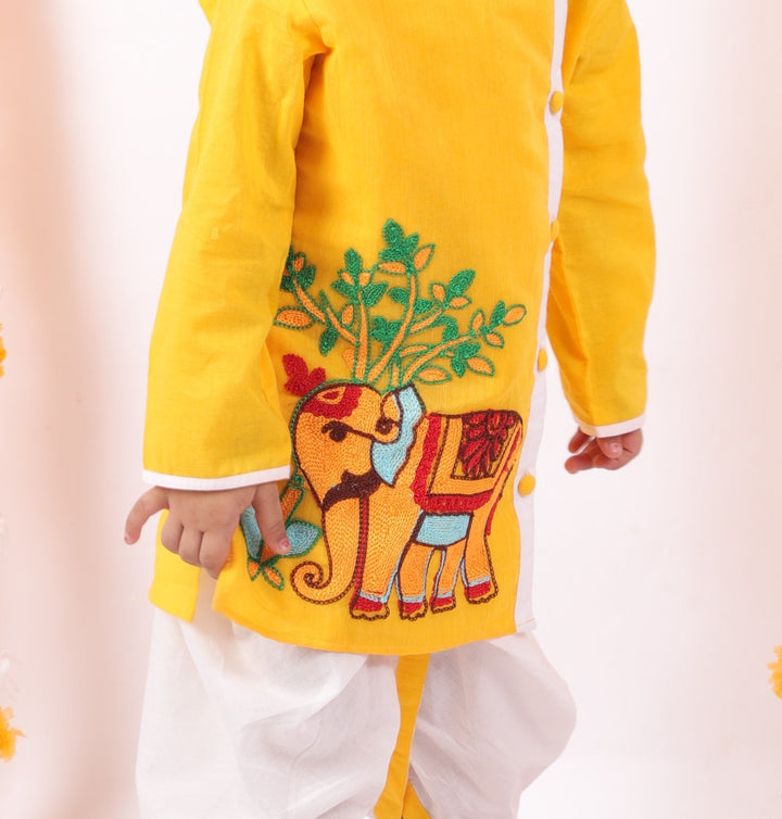 Boys Pure Cotton Elephant Embroidery Yellow Kurta with White Dhoti | SHOBITAM