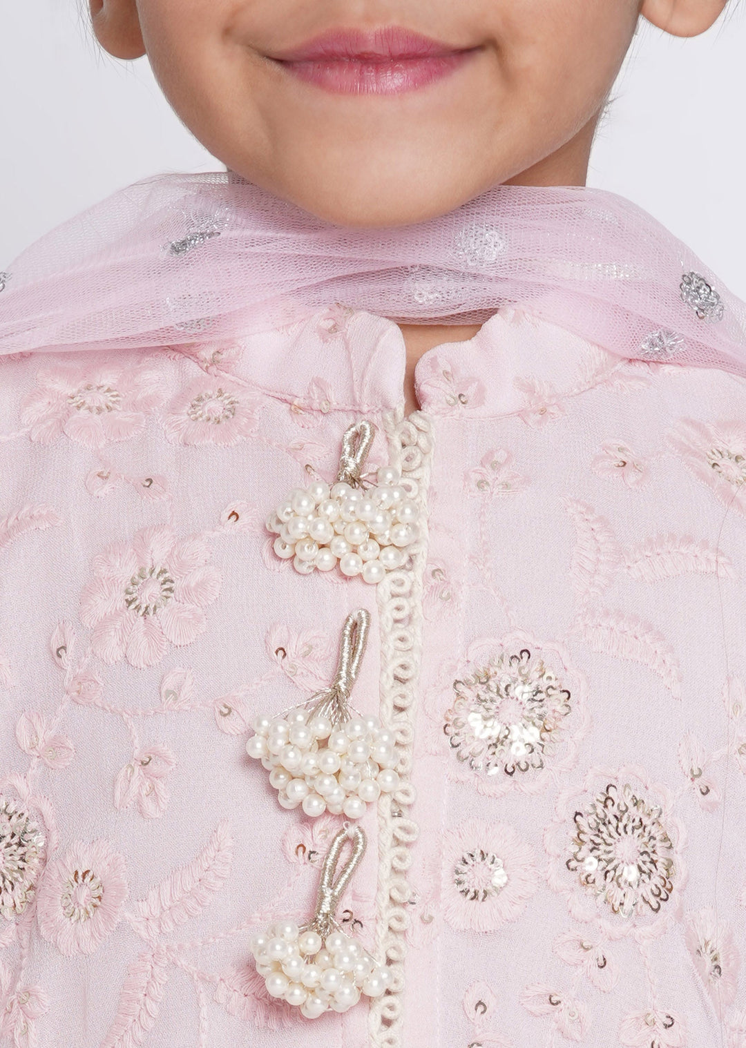 Girls Baby Pink & Cream Kali Work Lehenga with Handwork of Gota and Tussels | SHOBITAM