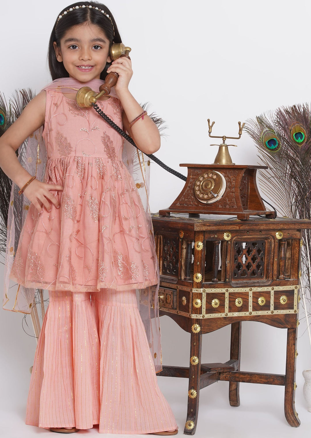 Peach Sequin work Leaf Kurta Frock with Sharara and Dupatta | SHOBITAM