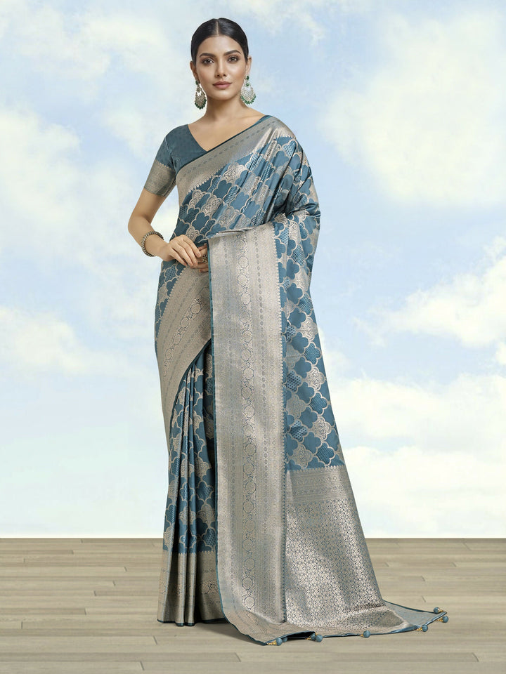 Cyan blue Banarasi Satin Silk Saree | SHOBITAM