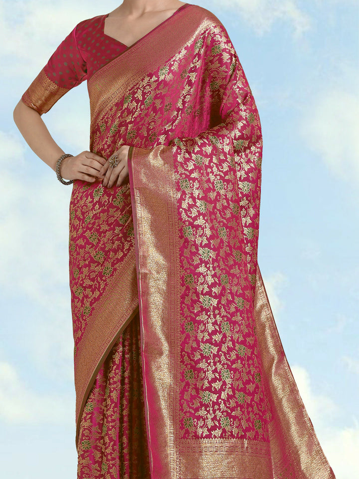 Magenta Banarasi Satin Silk Meenakari zari weaving Saree | SHOBITAM