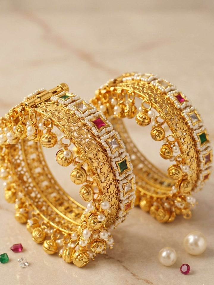 Gold Plated Polki Ghungroo Bangles | SHOBITAM