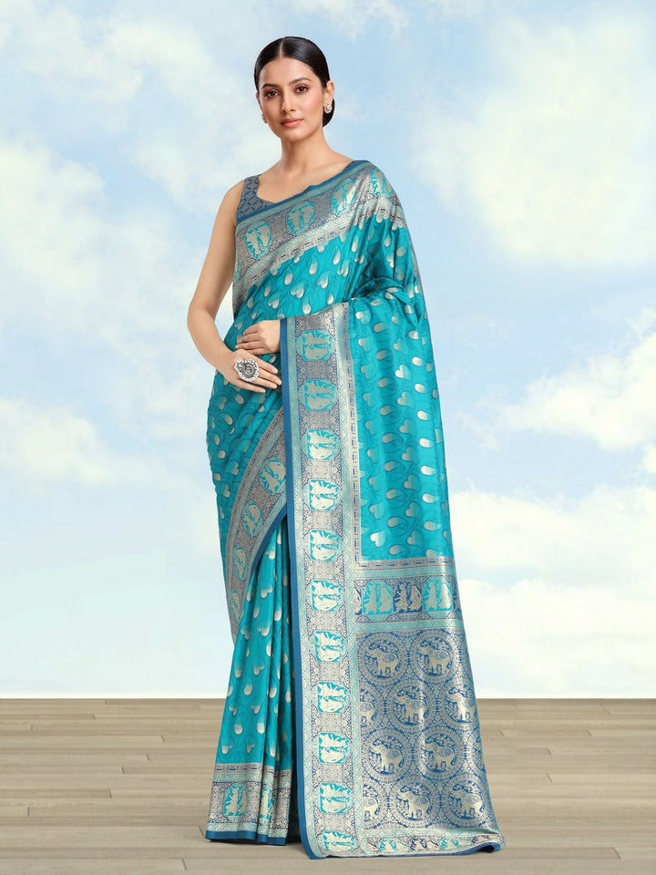 Turquoise blue Color Weaving Semi Banarasi Silk Saree| SHOBITAM