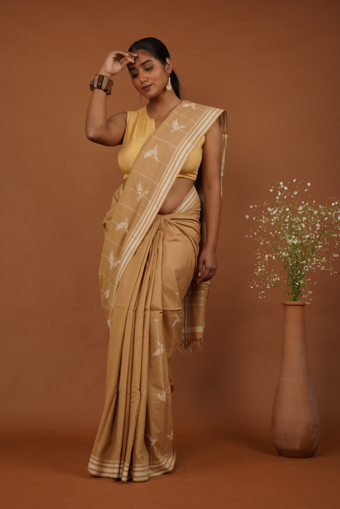 Flying Bird Handwoven Bawan Buti Golden Musturad Cotton Saree | SHOBITAM